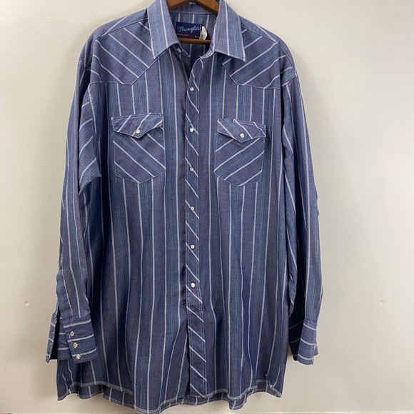 Vintage Wrangler Mens Western Shirt 18-36 X-Long Tails Blue Striped Cowboy Rodeo - Picture 1 of 12